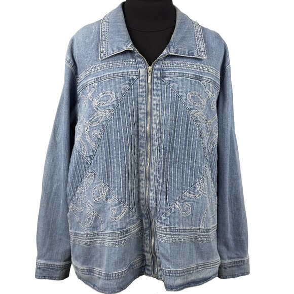 Draper’s & Damon’s Jackets & Blazers - Vintage DRAPERS & DAMONS Denim Jacket Zip Front Embroidered Stretch Womens 1X